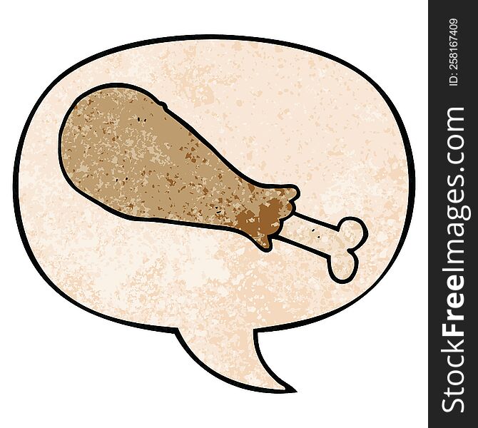 Cartoon Chicken Leg And Speech Bubble In Retro Texture Style