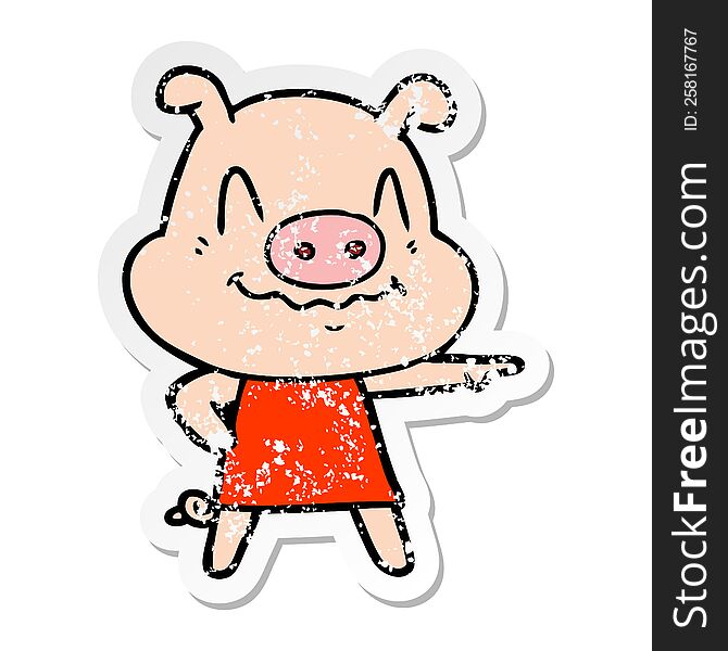Distressed Sticker Of A Nervous Cartoon Pig Wearing Dress