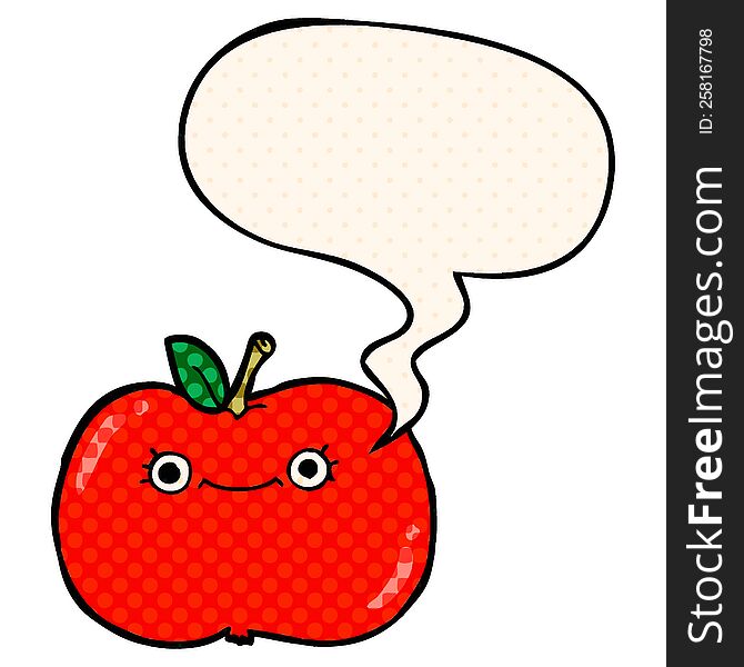 Cute Cartoon Apple And Speech Bubble In Comic Book Style