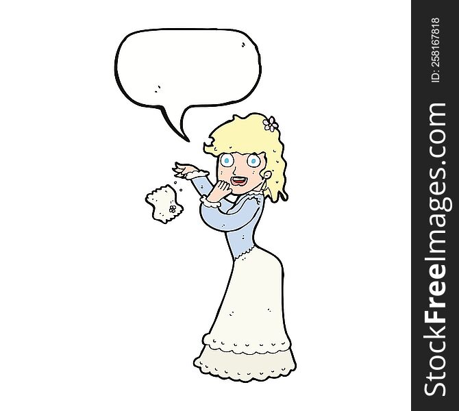 cartoon victorian woman dropping handkerchief with speech bubble