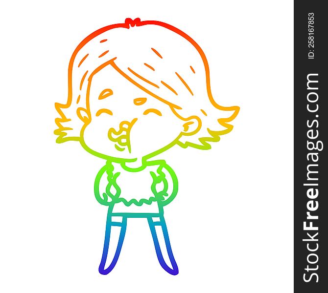 Rainbow Gradient Line Drawing Cartoon Girl Pulling Face