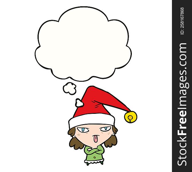 Cartoon Girl Wearing Christmas Hat And Thought Bubble