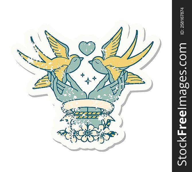 Grunge Sticker With Banner Of A Tied Hands And Swallows