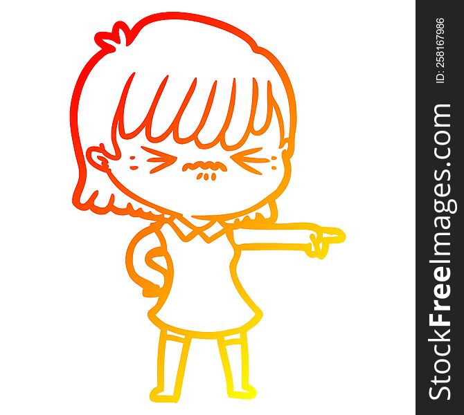 Warm Gradient Line Drawing Annoyed Cartoon Girl Blaming
