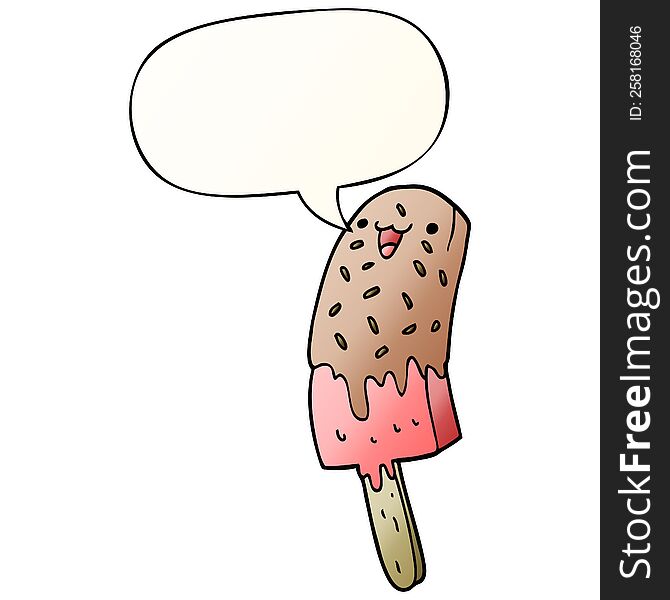 cute cartoon happy ice lolly with speech bubble in smooth gradient style