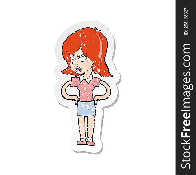 Retro Distressed Sticker Of A Cartoon Annoyed Woman With Hands On Hips