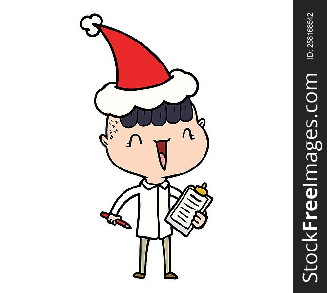 hand drawn line drawing of a happy boy surprised wearing santa hat