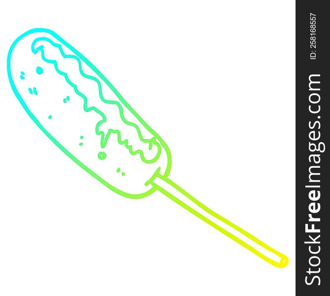 cold gradient line drawing of a cartoon hotdog on a stick
