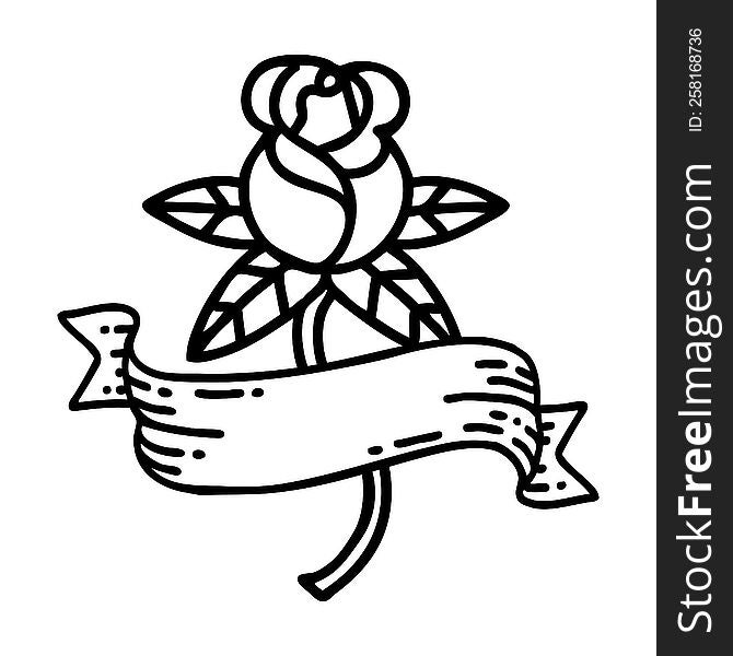tattoo in black line style of a rose and banner. tattoo in black line style of a rose and banner