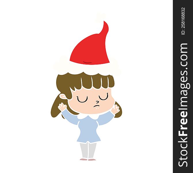 hand drawn flat color illustration of a indifferent woman wearing santa hat