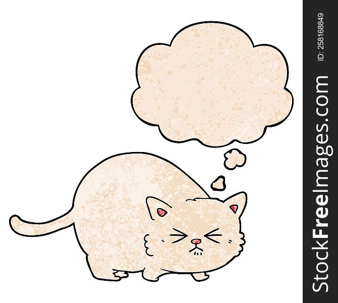 Cartoon Angry Cat And Thought Bubble In Grunge Texture Pattern Style