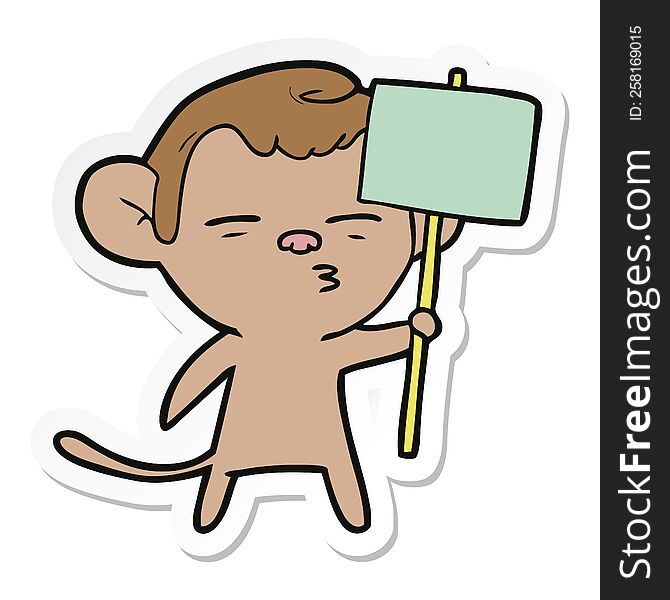 Sticker Of A Cartoon Suspicious Monkey With Signpost