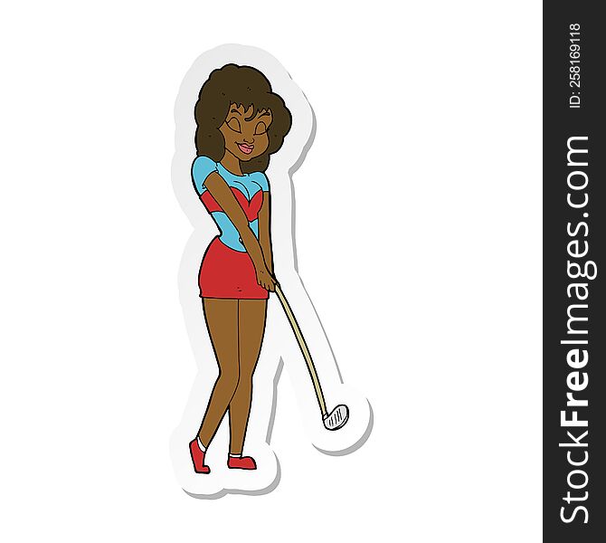 sticker of a cartoon woman playing golf