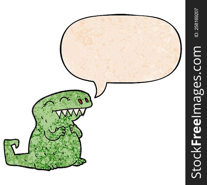cartoon dinosaur with speech bubble in retro texture style