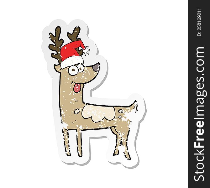 retro distressed sticker of a cartoon crazy reindeer