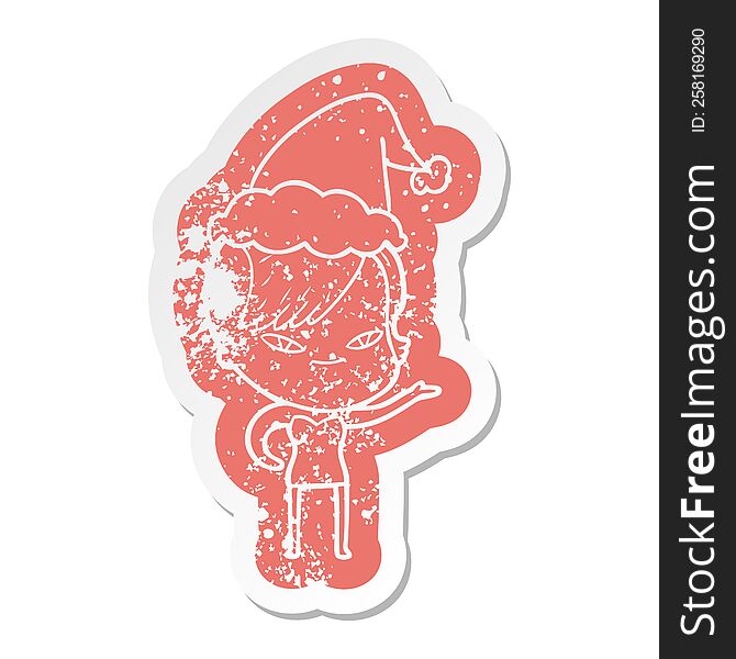 cute cartoon distressed sticker of a girl with hipster haircut wearing santa hat