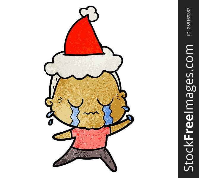 Textured Cartoon Of A Crying Old Lady Wearing Santa Hat