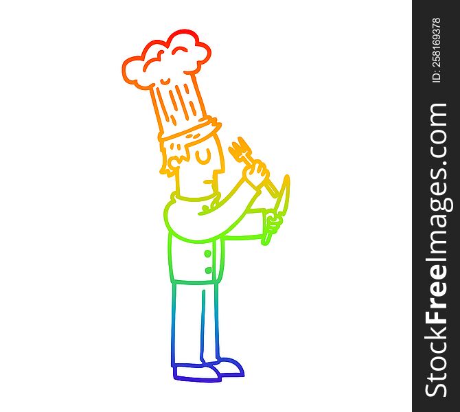 rainbow gradient line drawing cartoon chef with knife and fork