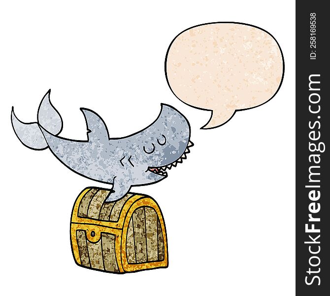 cartoon shark swimming over treasure chest with speech bubble in retro texture style