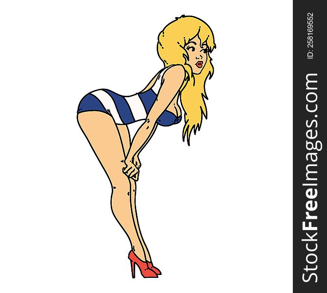 tattoo in traditional style of a pinup girl in swimming costume. tattoo in traditional style of a pinup girl in swimming costume