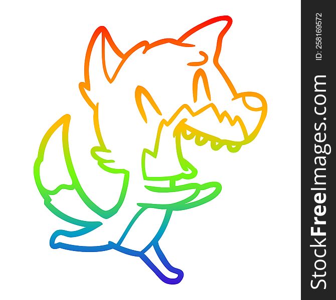 rainbow gradient line drawing of a laughing fox running away