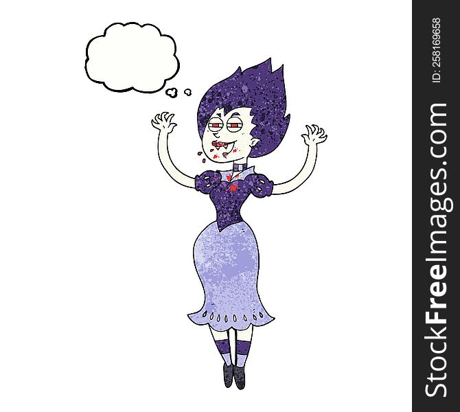freehand drawn thought bubble textured cartoon vampire girl with bloody mouth