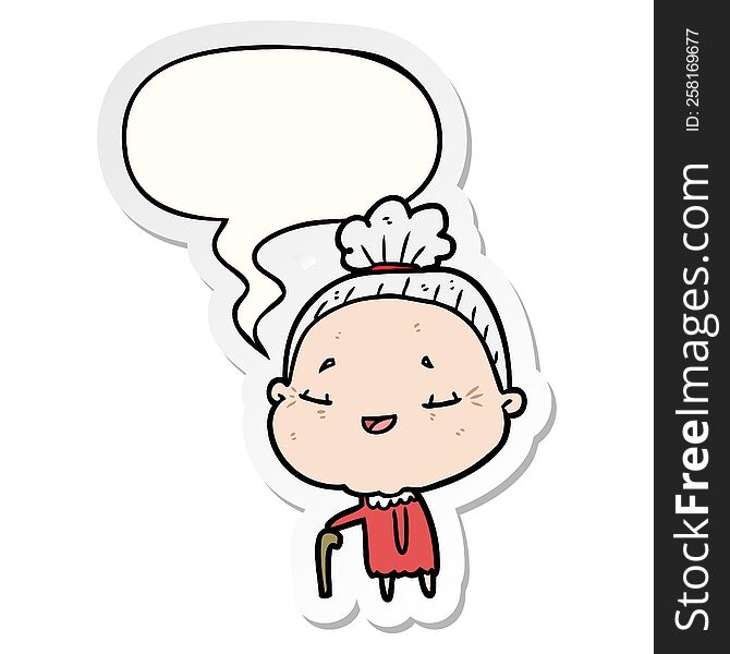 cartoon old woman and walking stick and speech bubble sticker