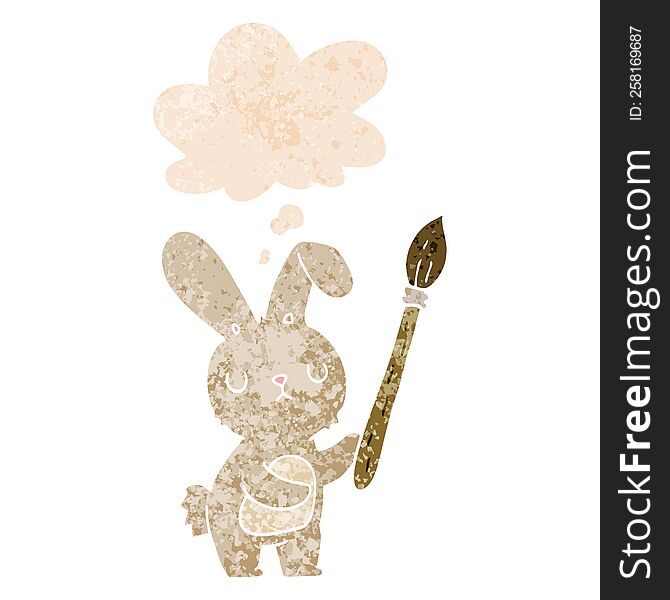 cartoon rabbit with paint brush with thought bubble in grunge distressed retro textured style. cartoon rabbit with paint brush with thought bubble in grunge distressed retro textured style