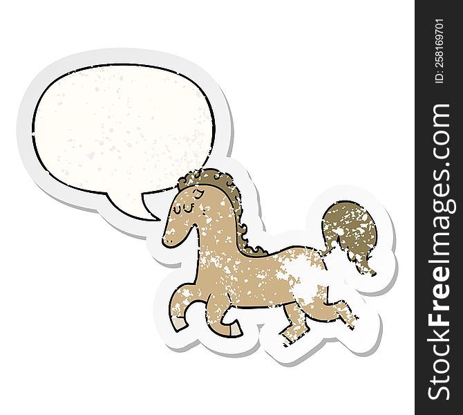cartoon horse running with speech bubble distressed distressed old sticker. cartoon horse running with speech bubble distressed distressed old sticker