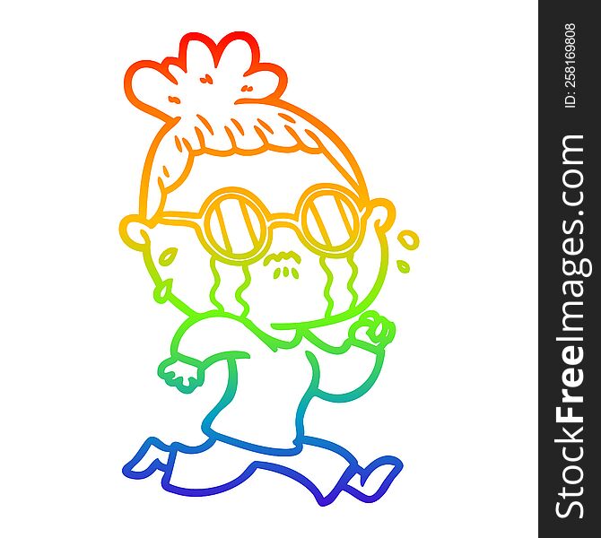 rainbow gradient line drawing of a cartoon crying woman wearing spectacles