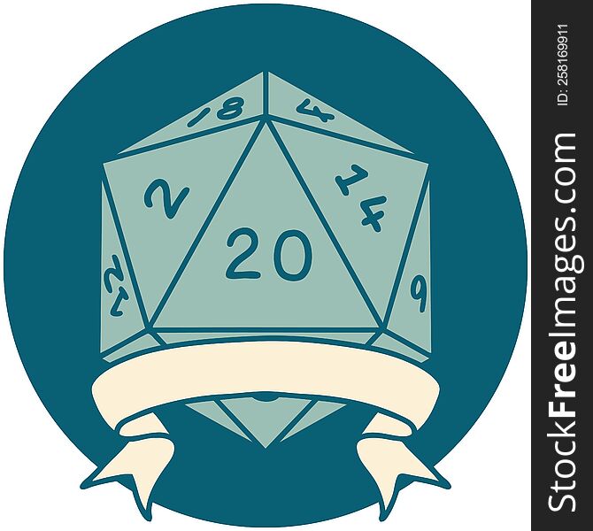 Retro Tattoo Style natural 20 critical hit D20 dice roll. Retro Tattoo Style natural 20 critical hit D20 dice roll