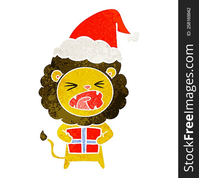 hand drawn retro cartoon of a lion with christmas present wearing santa hat