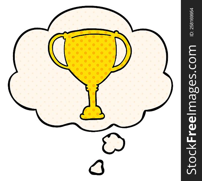 cartoon sports trophy with thought bubble in comic book style