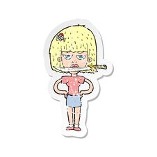 Retro Distressed Sticker Of A Cartoon Woman With Knife Between Teeth Royalty Free Stock Photos