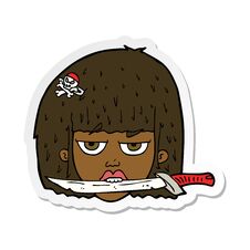 Sticker Of A Cartoon Woman Holding Knife Between Teeth Royalty Free Stock Image