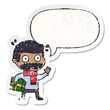 Cartoon Man And Mustache And Christmas Present And Speech Bubble Distressed Sticker Stock Photo Cartoon Man And Mustache And Christmas Present And Speech Bubble Distressed Sticker Stock Photo