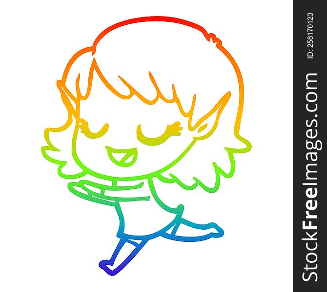rainbow gradient line drawing of a happy cartoon elf girl running