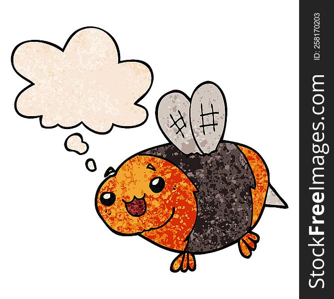Funny Cartoon Bee And Thought Bubble In Grunge Texture Pattern Style