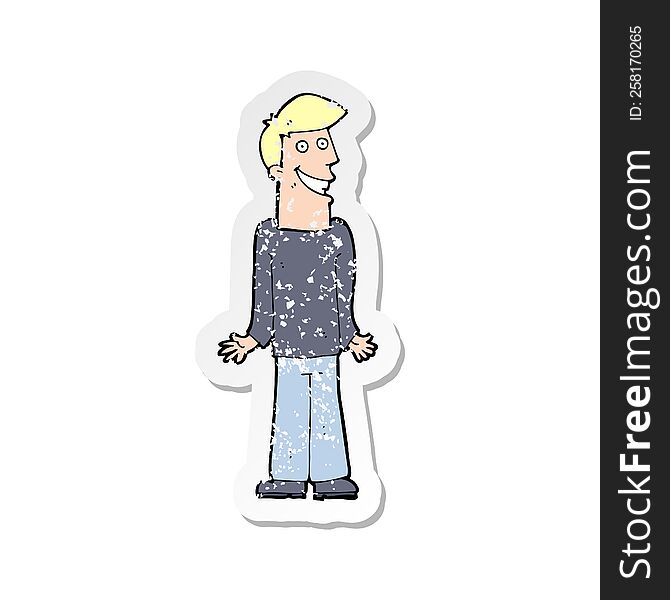 Retro Distressed Sticker Of A Cartoon Man Shrugging Shoulders
