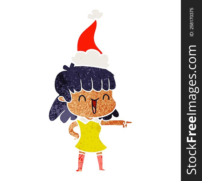 hand drawn retro cartoon of a happy girl wearing santa hat