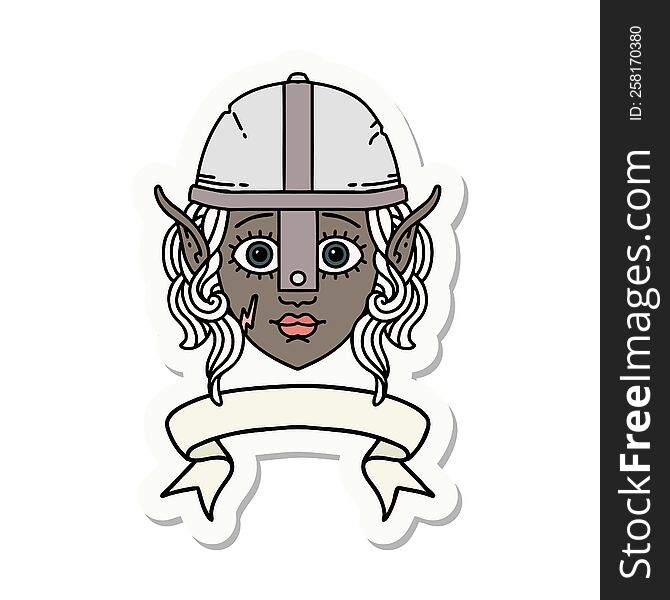sticker of a elf fighter character face with banner. sticker of a elf fighter character face with banner