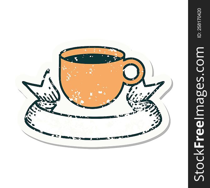 Grunge Sticker With Banner Of Cup Of Coffee