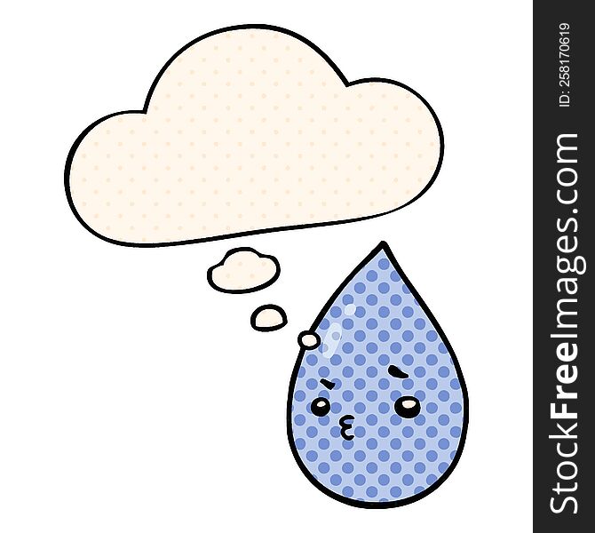 Cartoon Cute Raindrop And Thought Bubble In Comic Book Style