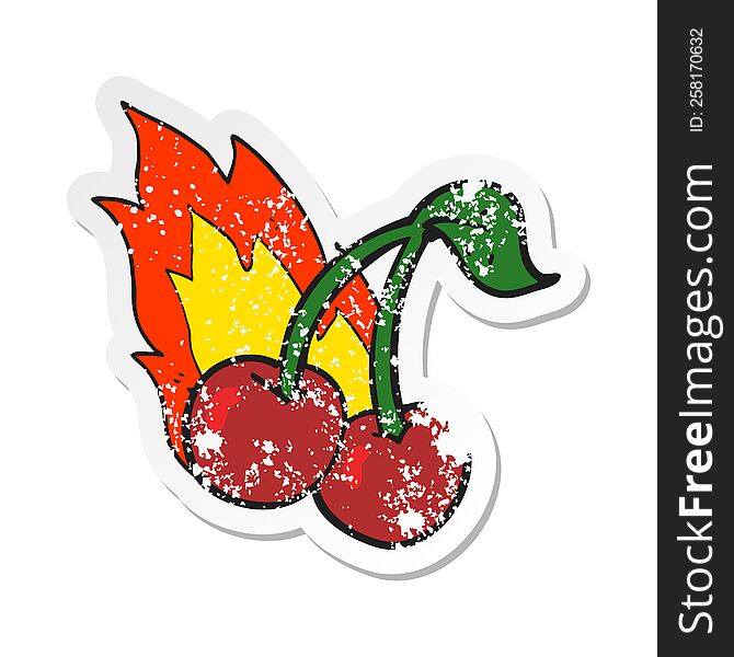 retro distressed sticker of a cartoon flaming cherries