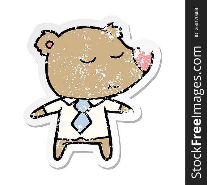 distressed sticker of a happy cartoon bear wearing shirt