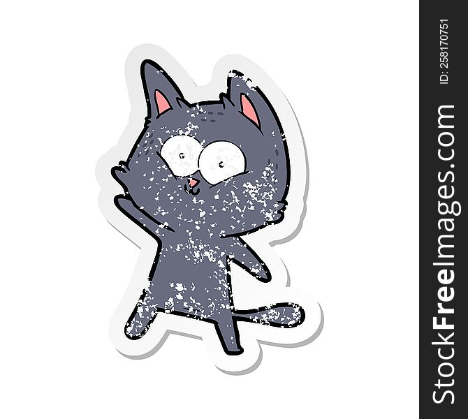 Distressed Sticker Of A Cartoon Cat Waving