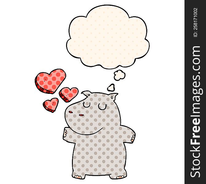 cartoon hippo in love with thought bubble in comic book style