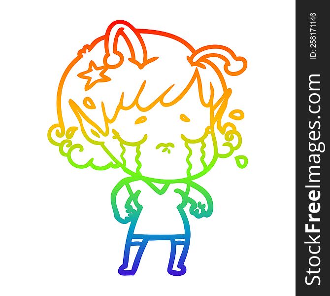 rainbow gradient line drawing of a cartoon crying alien girl
