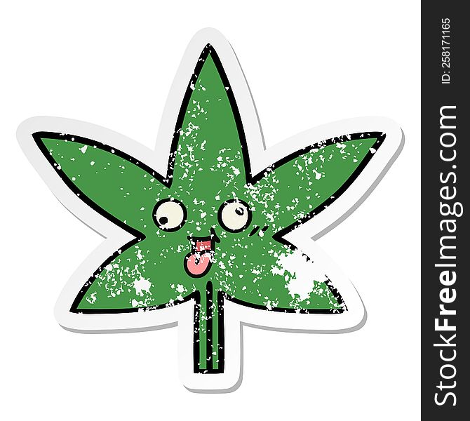 Distressed Sticker Of A Cute Cartoon Marijuana Leaf