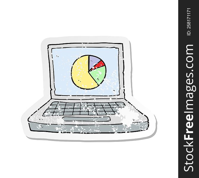 retro distressed sticker of a cartoon laptop computer with pie chart